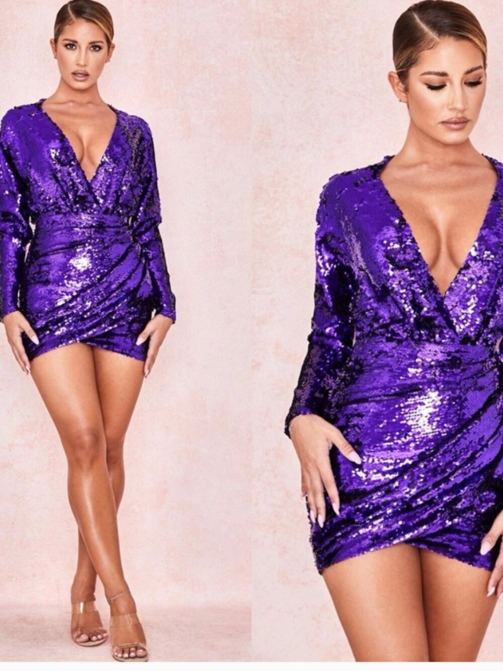 House Of CB James Dress Mini Sequin Wrap Long Sleeve V Neck Purple NWT New XS
